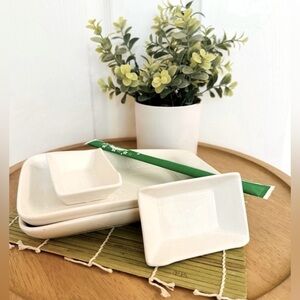 SUSHI SERVING SET ~ 2-piece classic clean white sushi platters and wasabi dish